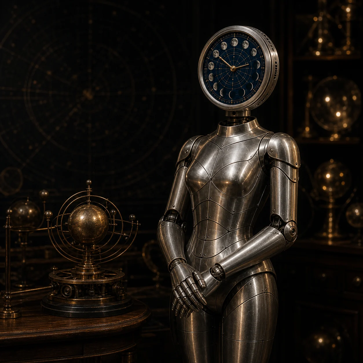MARIA standing in an observatory with the Astrolabe device displaying the phases of the moon
