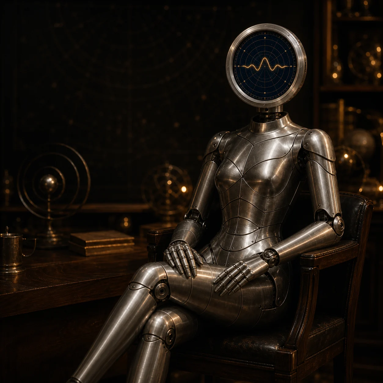 MARIA seated in reflection with the Astrolabe device displaying a single amber resonance wave