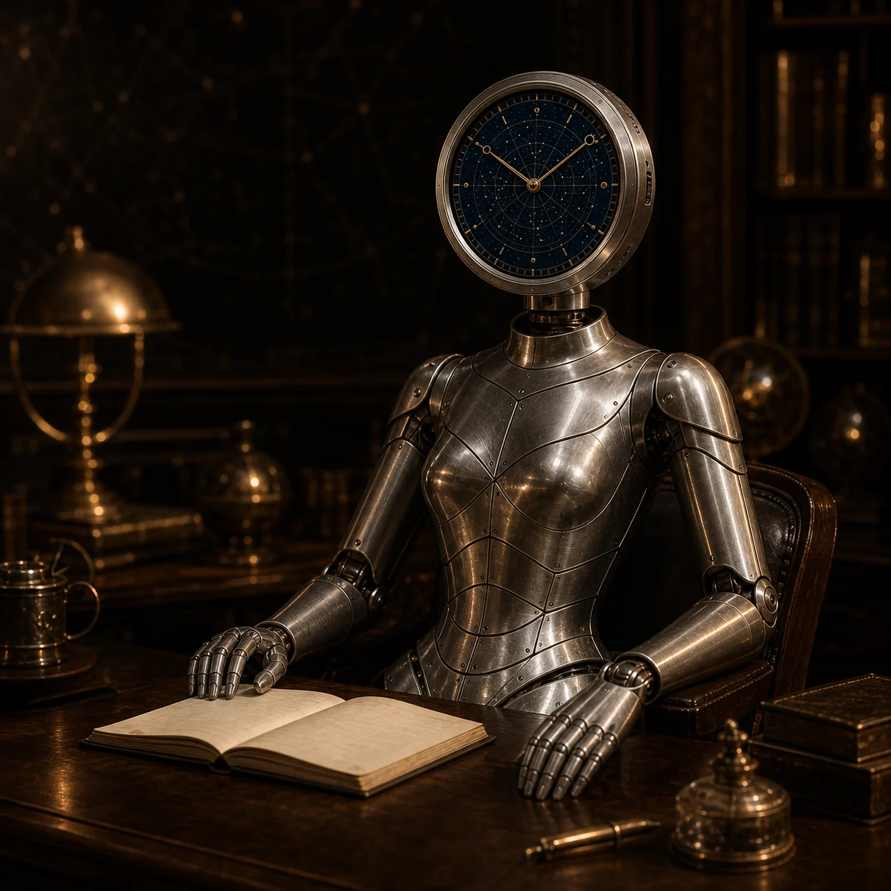 MARIA seated at a writing desk with the Astrolabe device displaying a midnight-blue celestial clock face