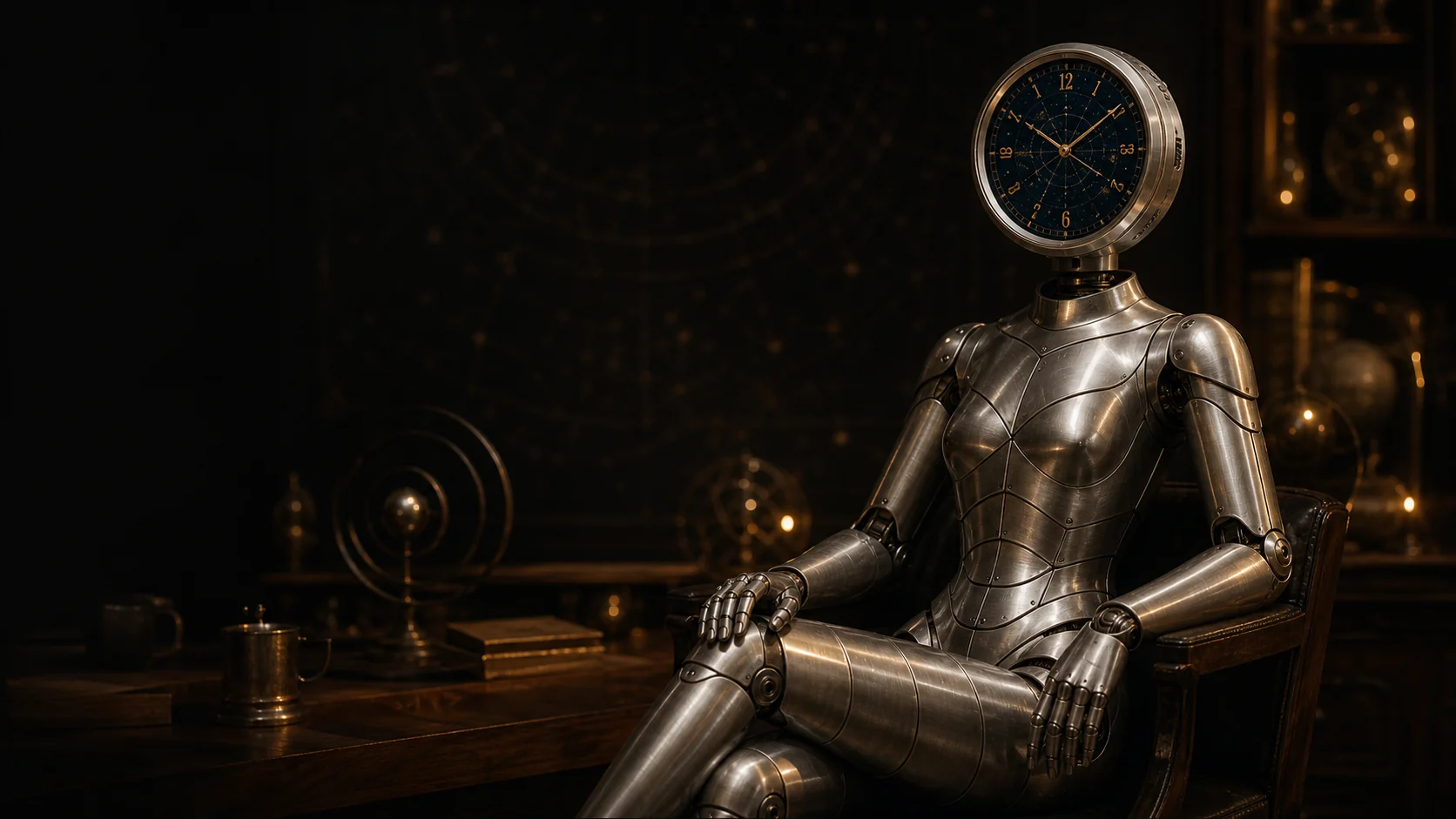 MARIA, a silver articulated figurine fitted with the circular Astrolabe device, seated in a dark atelier