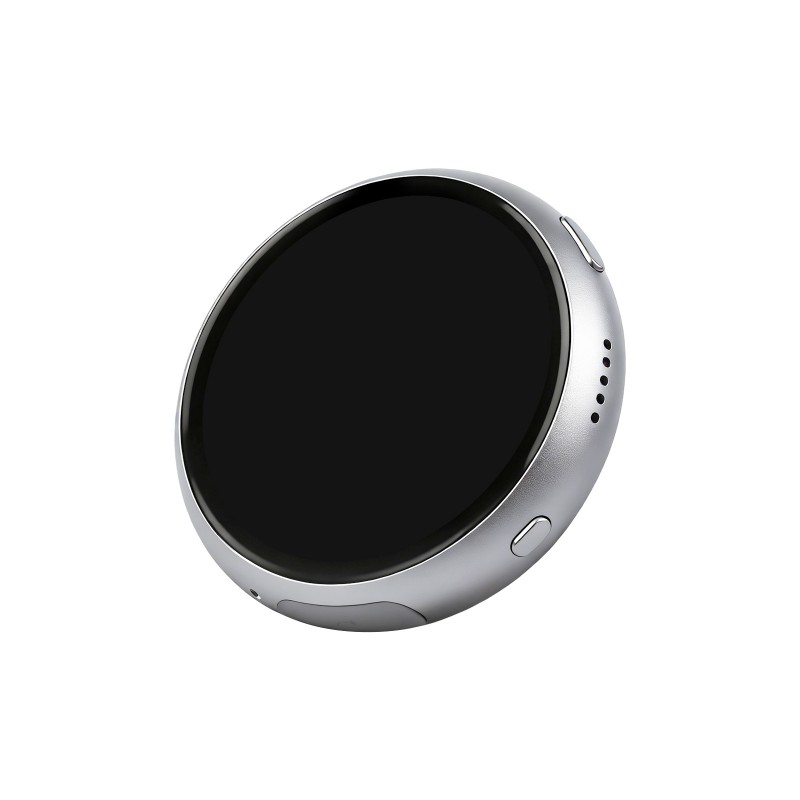 Oblique view of the exact Waveshare ESP32-S3-Touch-AMOLED-1.75C showing its screen, button, and speaker openings